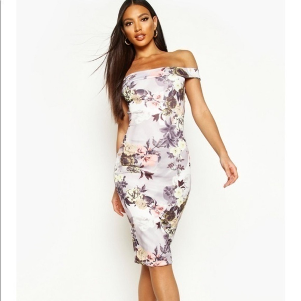 BOOHOO - Blue floral midi off shoulder bodycon dress